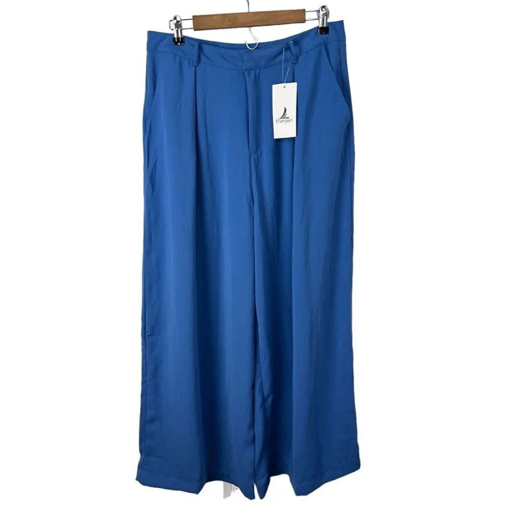 Tronjori High Waist Casual Wide Leg Long Palazzo Pants Trousers Size XL Blue Wms